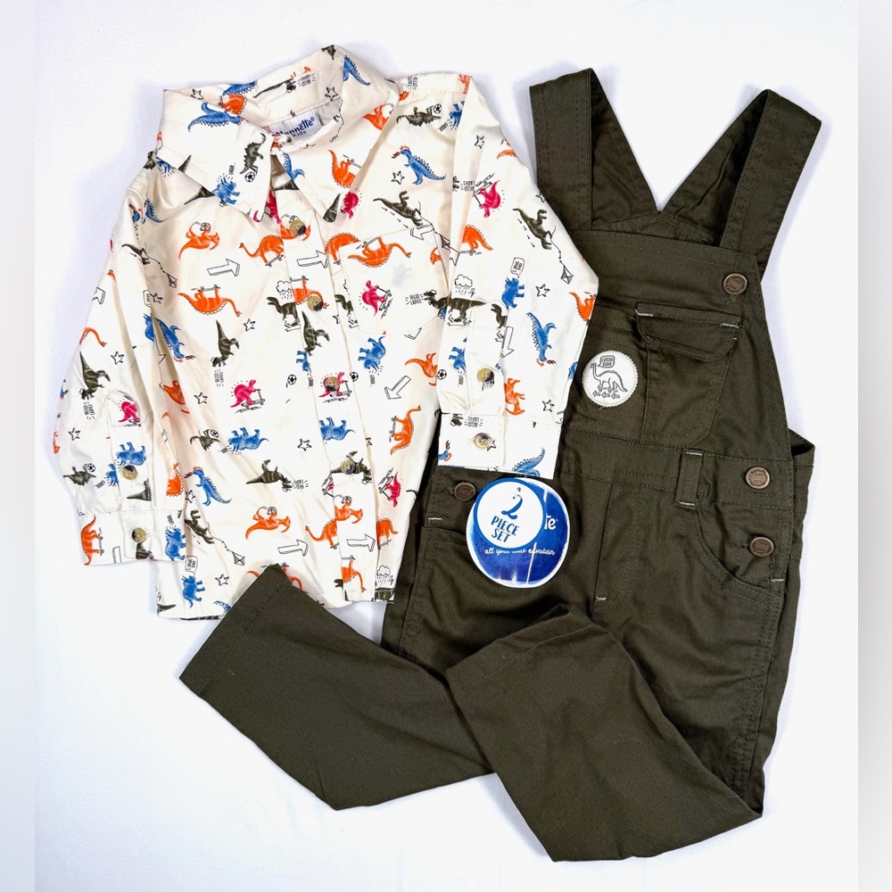 NWT NANNETTE KIDS Baby Boys’ Dinosaur‎ Matching Set Button Down & Overalls 18M